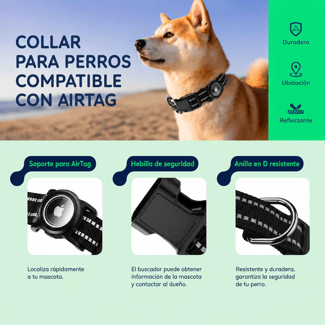Collar GPS AirTag Impermeable para Mascotas Reflectante y Ajustable